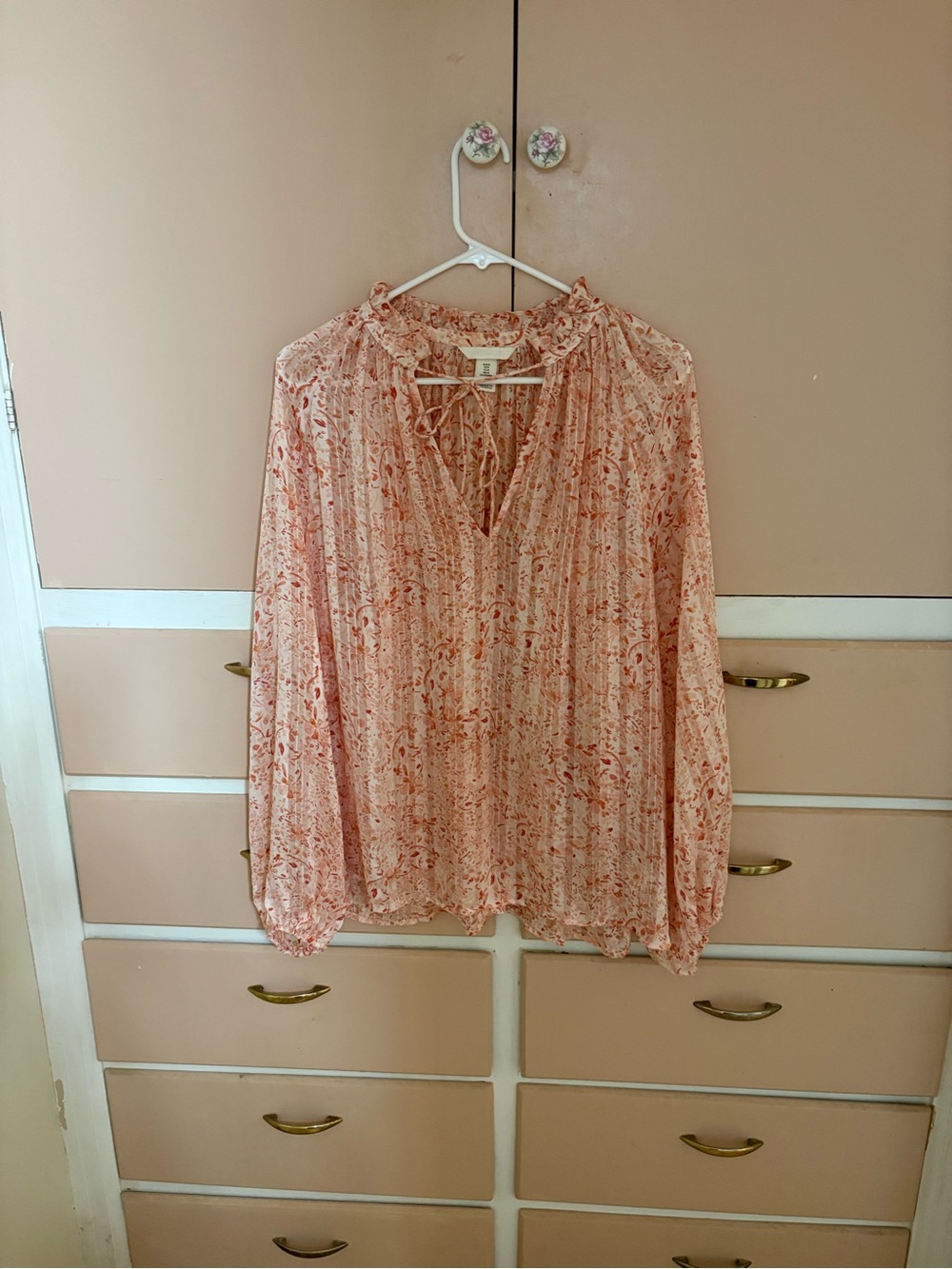 H&M Light Peach Floral Tie-Neck Blouse